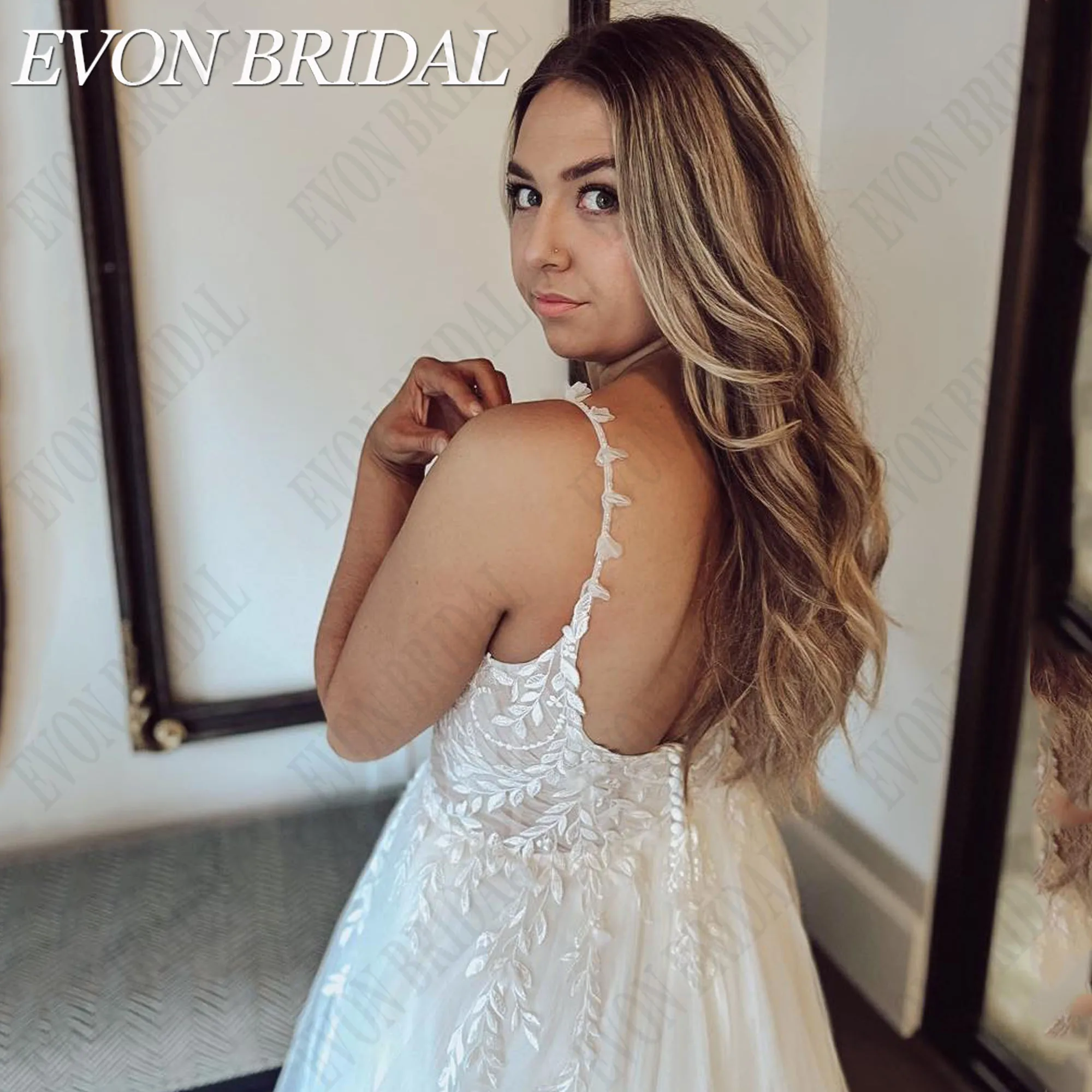 EVON gelin Backless artı boyutu gelinlik spagetti sapanlar A-Line v yaka tül gelinlikler aplike Boho Vestido De Vestido