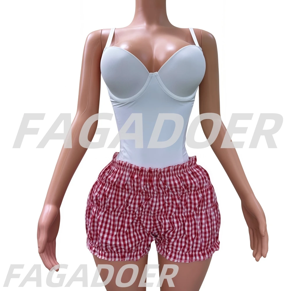 FAGADOER Fashion Sweet Plaid Print Ruched Shorts Two Piece Sets Women Spaghetti Strap Bodysuit + Shorts Outfits Y2K Streetwear