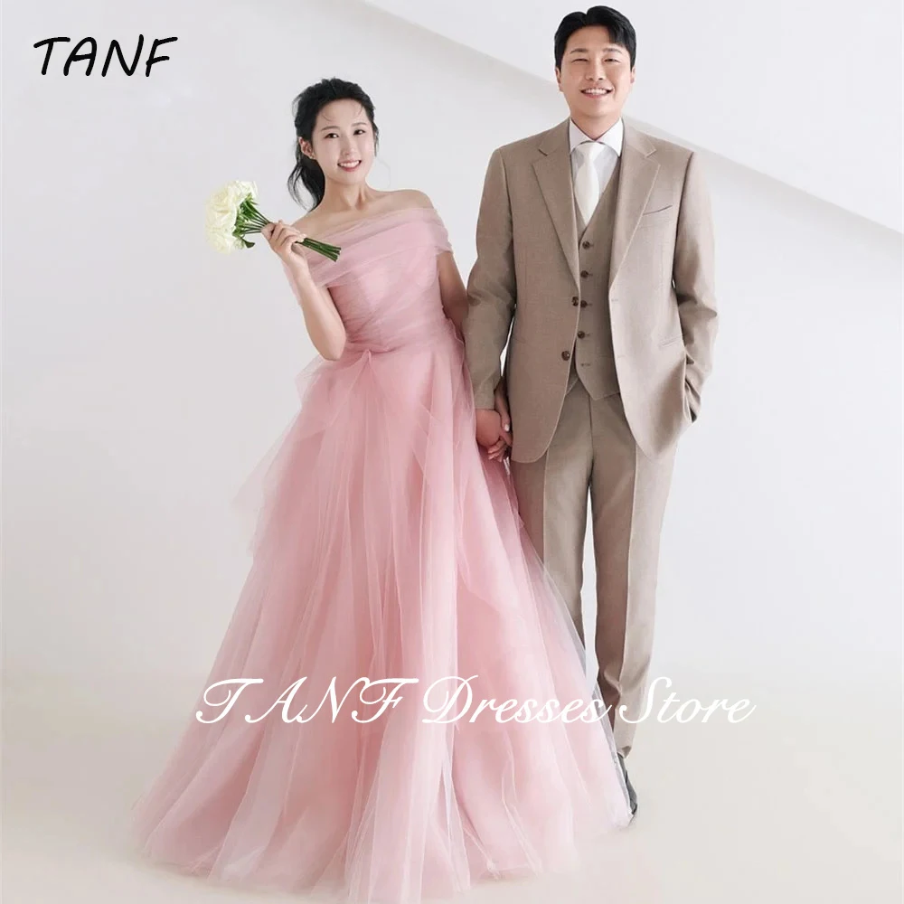 

TAFN Sweet Pink Korea Wedding Dresses Strapless Soft Tulle Draped Bridal Gown Bolero Photos Shoot Evening Dresses Customized