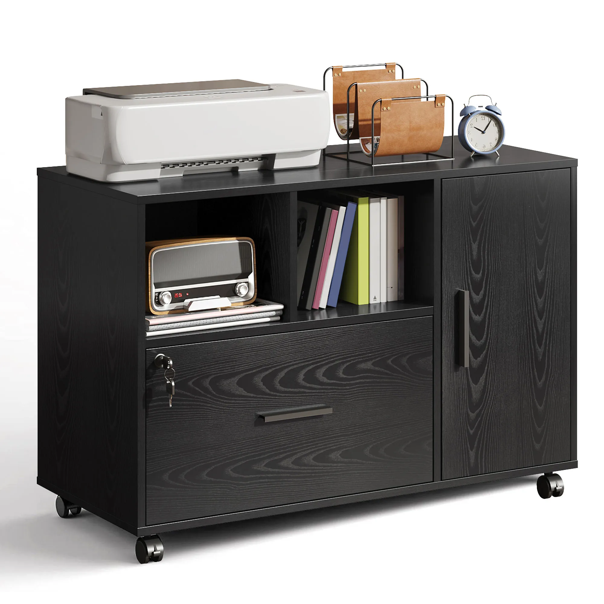 GALAXHERO مكتب قفل خزانة الملفات 1 درج الخشب الجانبي خزانة الملفات عجلات حامل الطابعة رفوف التخزين المفتوحة مكتب المنزل