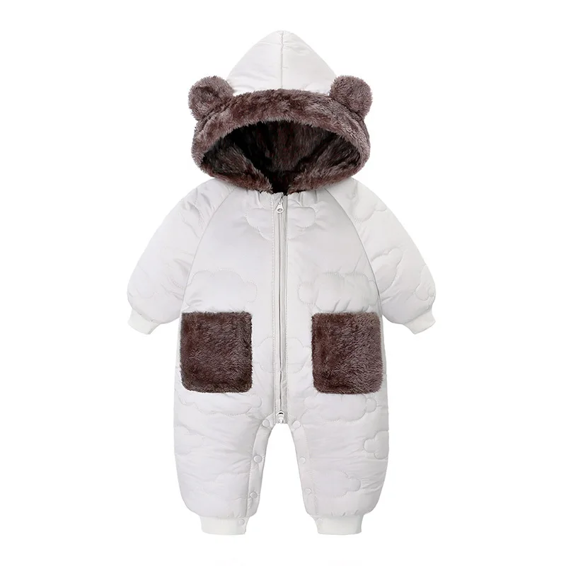 Newborn onesies Autumn and winter thickened fleece hooded romper Warm baby romper for going out Children's down jackets