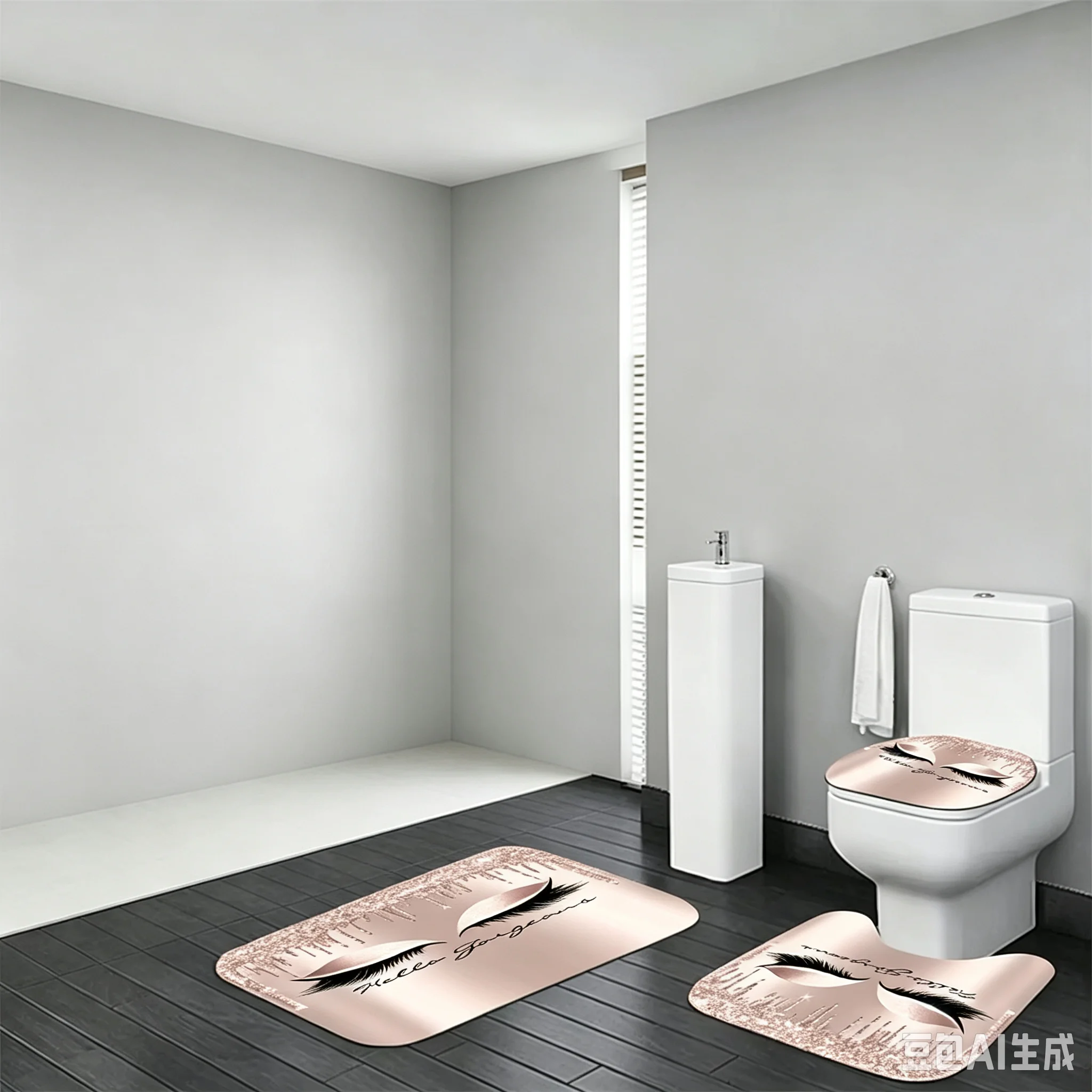 Hello Gorgeous Rose Gold Glitter Eyelash Bathroom Mat Set 3 Piece Girly Fashion Print Non Slip Absorbent Bath Rug U-Shaped Mat Toilet Seat Cover Luxury Bathroom Decor