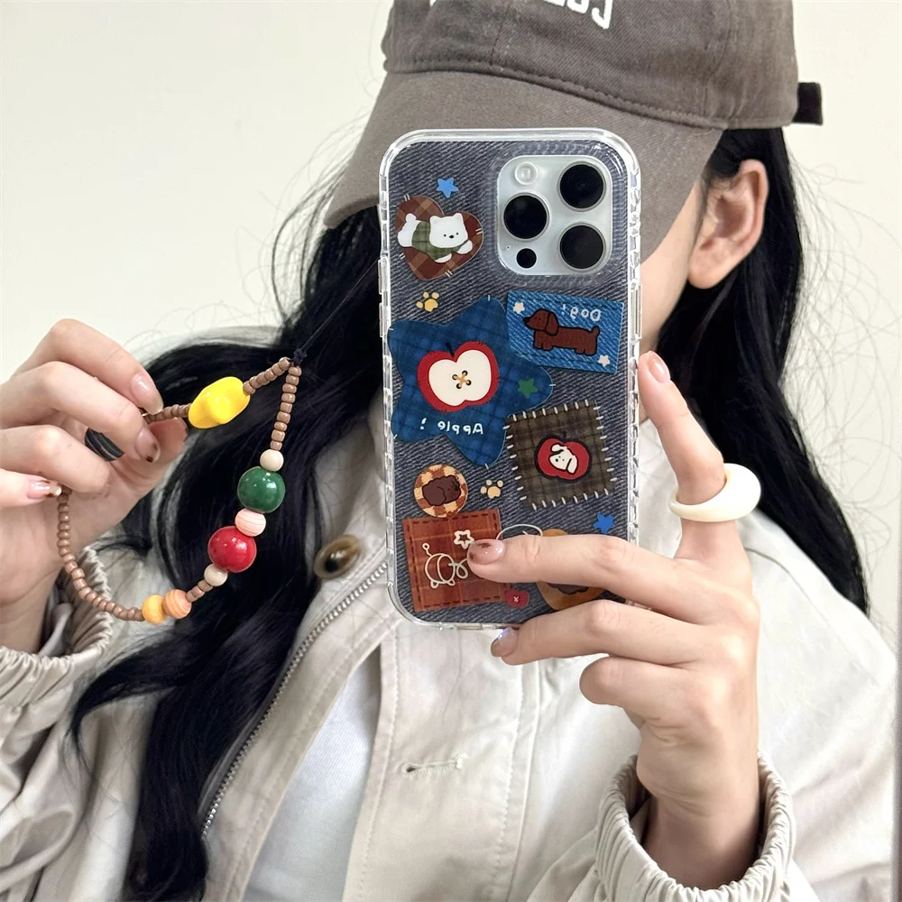 

Fashion denim pattern cute puppy phone case for iPhone 17 Pro Max 15 14 13 16 17 cover with hinged Korean INS cartoon Funda Capa