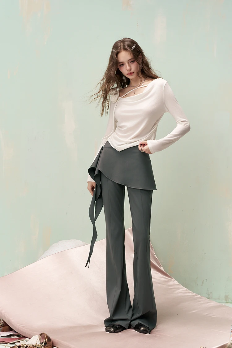 ELFSACK Y2K Flare Pants with Detachable Front Skirt, Stretchy Knit Sweet Trousers, Casual Streetwear Bottoms for Women