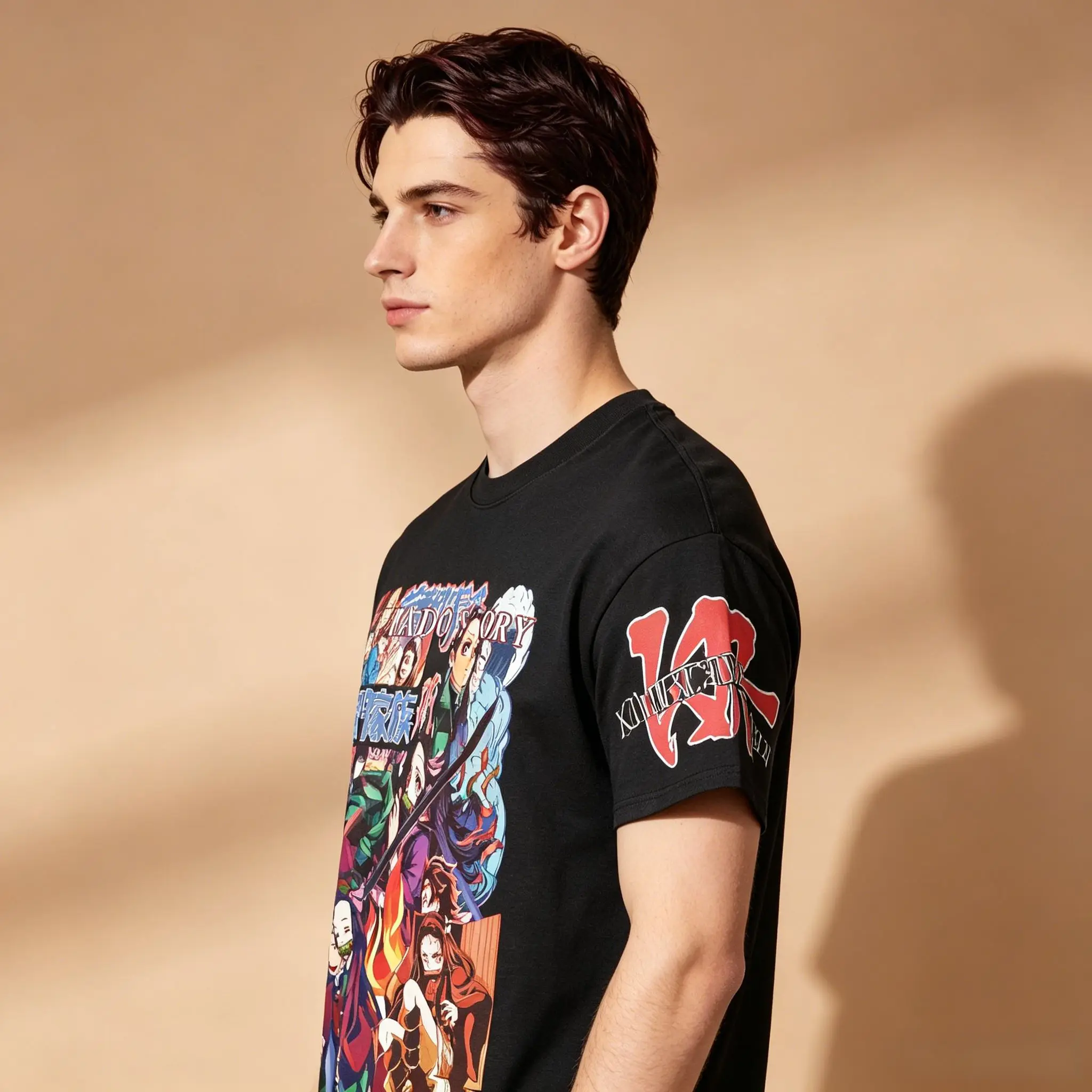 Herren Demon Slayer Kamado Family T-Shirt mit passendem Grafikdruck vorne und hinten, Tanjiro Nezuko Anime Otaku Streetwear Kurzarm Casual – Detail 5