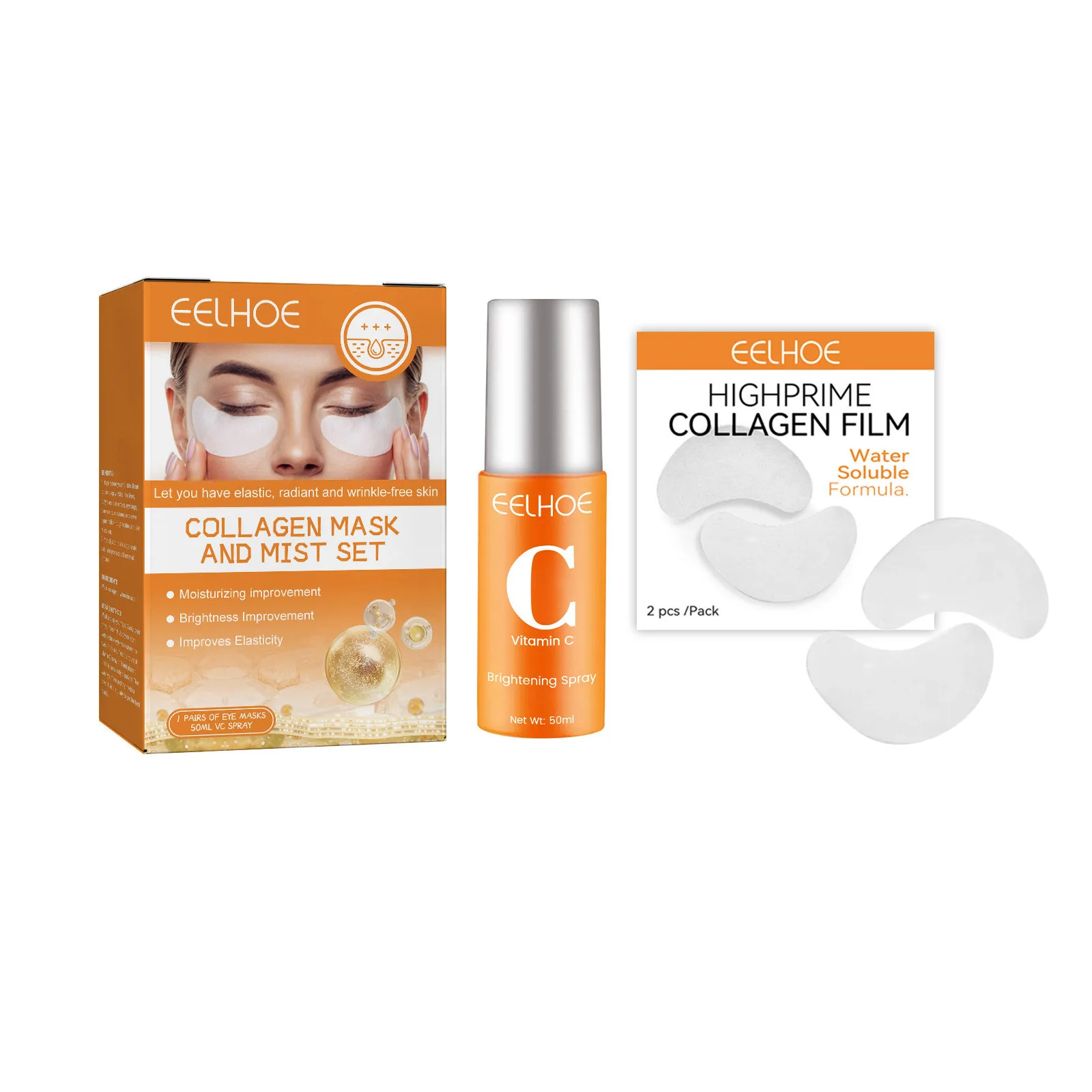 Collagen Eye Mask With Vitamin C Spray Kit Restore Skin Rejuvenation Hyaluronic Acid Firm Eye Brightening Soluble Collagen Mask