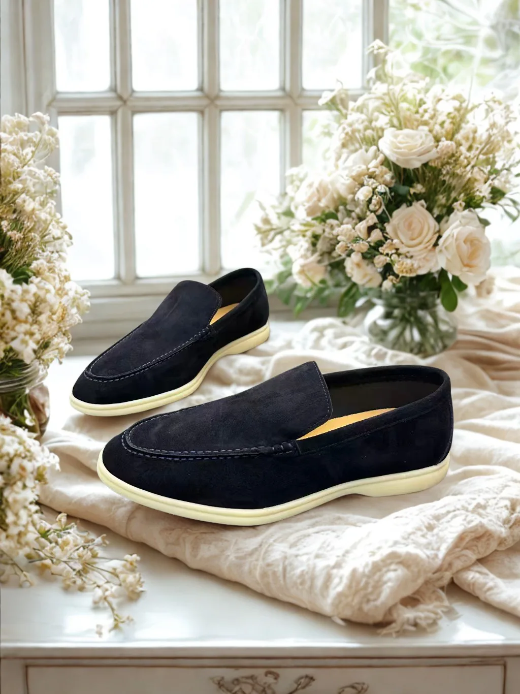 Vintage Damen Slipper aus Kunstwildleder, flache Schuhe mit handgenähter Verzierung, weiche, leichte, rutschfeste Sohle, lässige Schuhe zum Fahren und für den täglichen Gebrauch, mehrfarbig.