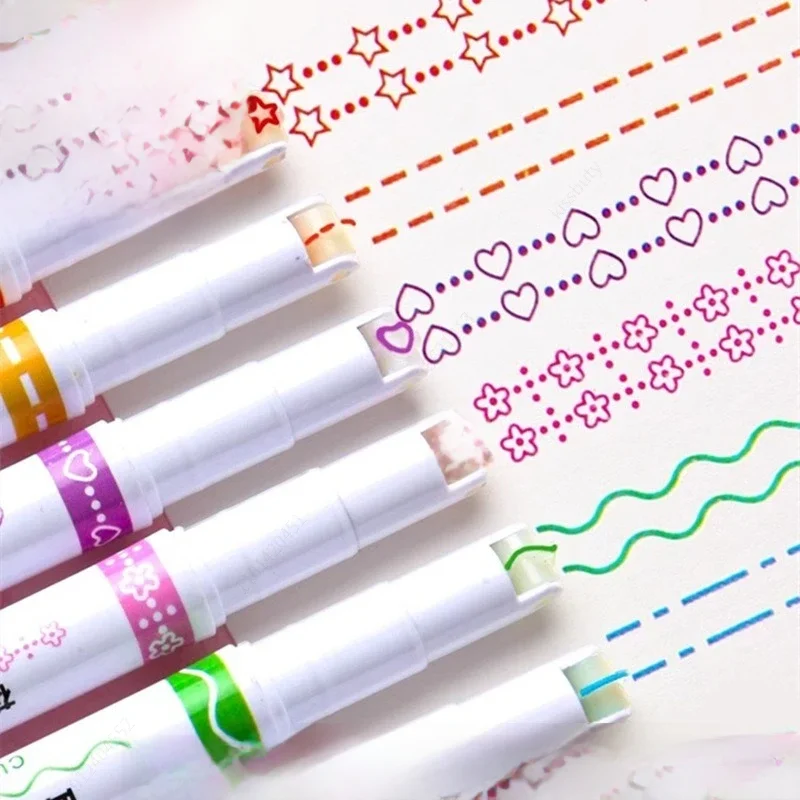 Stylos surligneurs en forme de ligne de fleurs Kawaii, marqueur de doublure courbe à pointe de rouleau pour l'écriture, journal, dessin, papeterie 6 pièces/ensemble