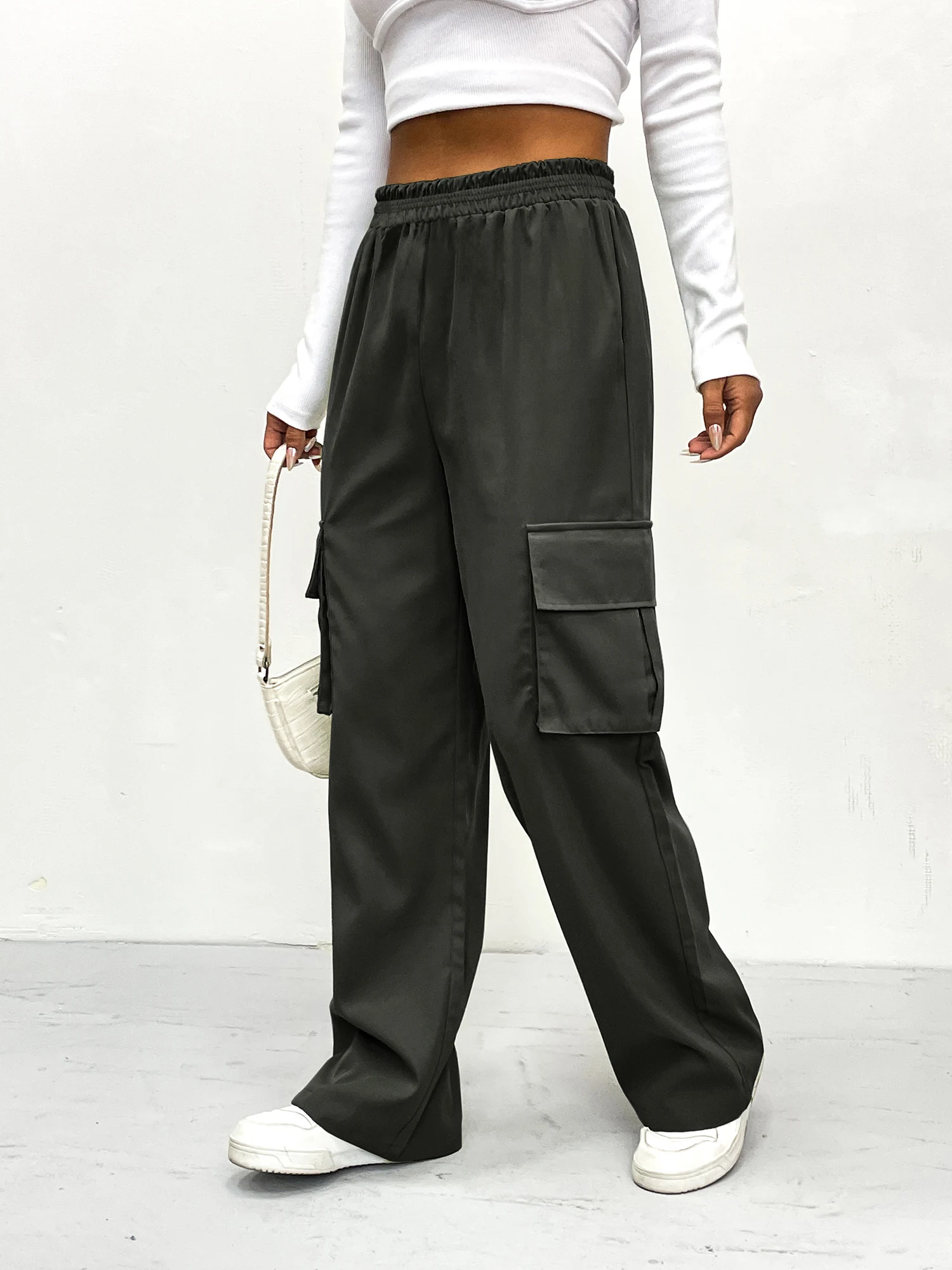

Women 2026 Pants Summer Spring Simple Pocket Elastic Waist Wide Leg Full Length Sporty Pants Cargo Trousers