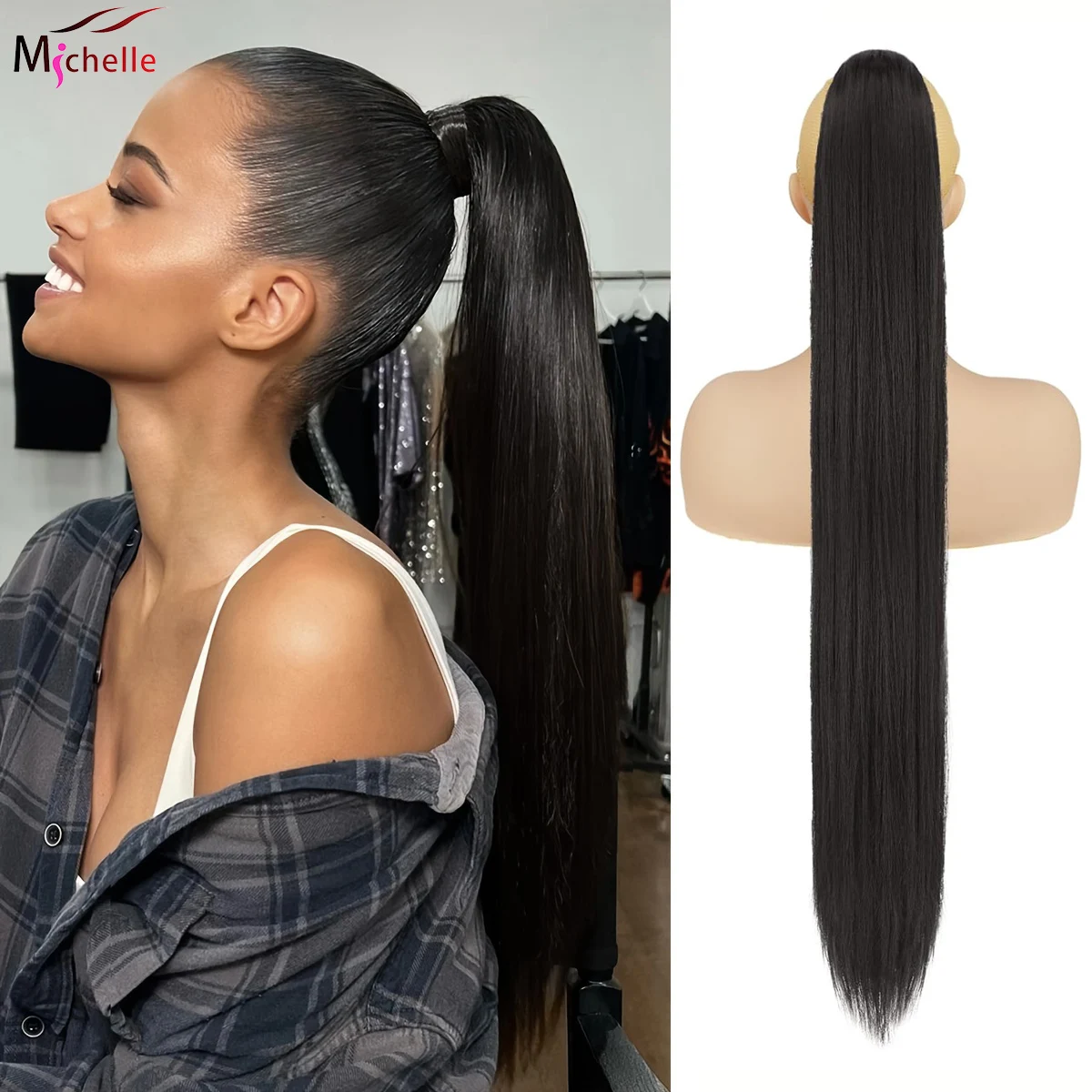 Straight Ponytail Human Hair Extension 100% Real Human Hair Wrap Around Drawstring In Ponytail Natural Black Color #1B For Women
