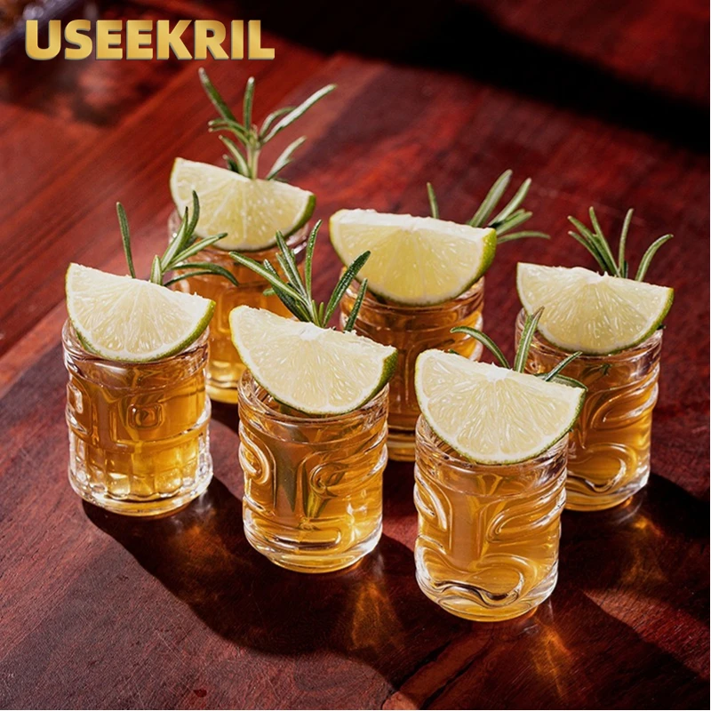 Creative Mini Tiki Glass Cup Shot Glasses Stacking Cups Cocktail Glass Tiki Cup Set With 6 Holes Tray Tiki Bar Accessories