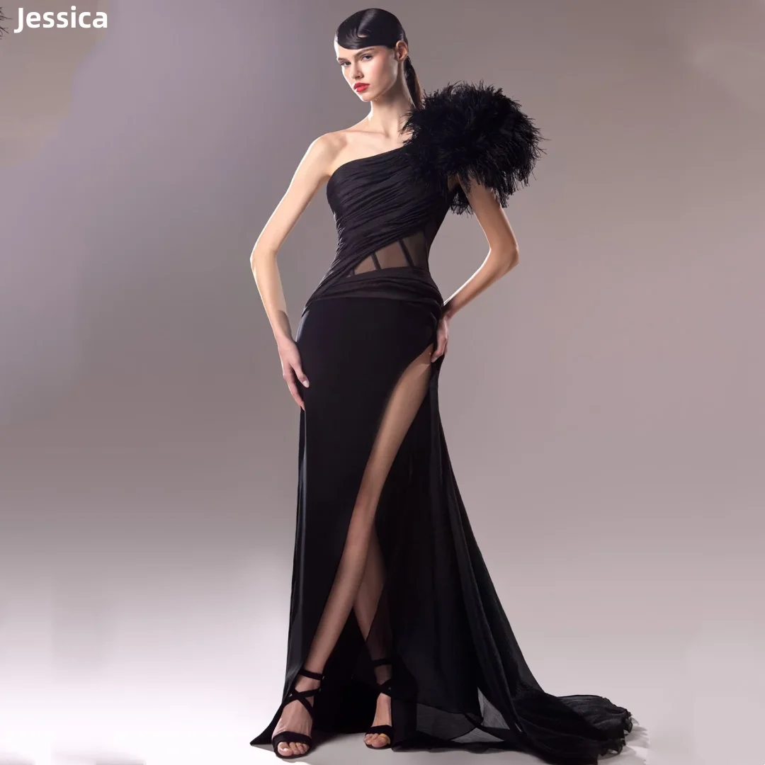 

Jessica Lace Ruffle Mermaid Evening Dresses Feather Luxury Black Prom Dresses One Shoulder Slit Vestidos De FiestaCustomized