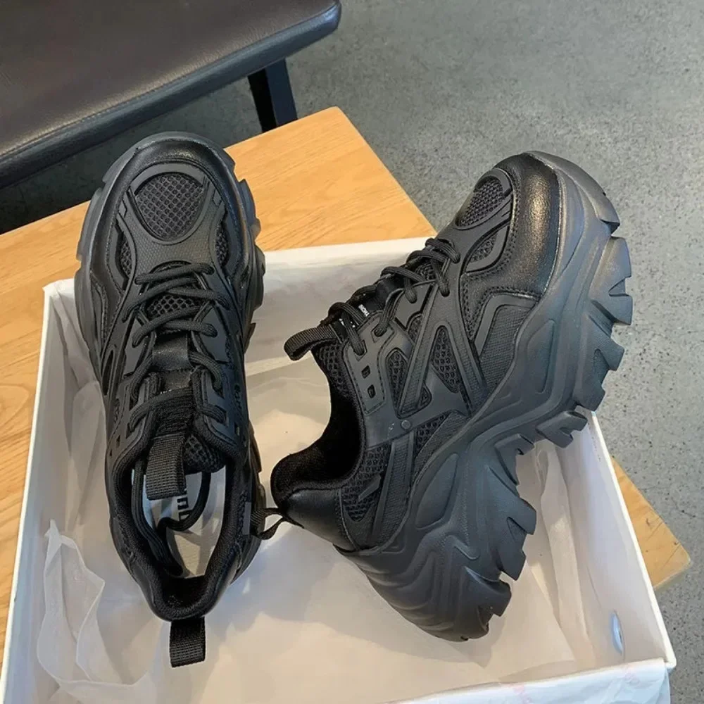 Jesień Lato Czarny Casual Kobiety Moda Platforma Buty Sportowe Kobiety Chunky Trampki Kobiety Mesh Skórzane Platformy designerskie buty — zdjęcie 2