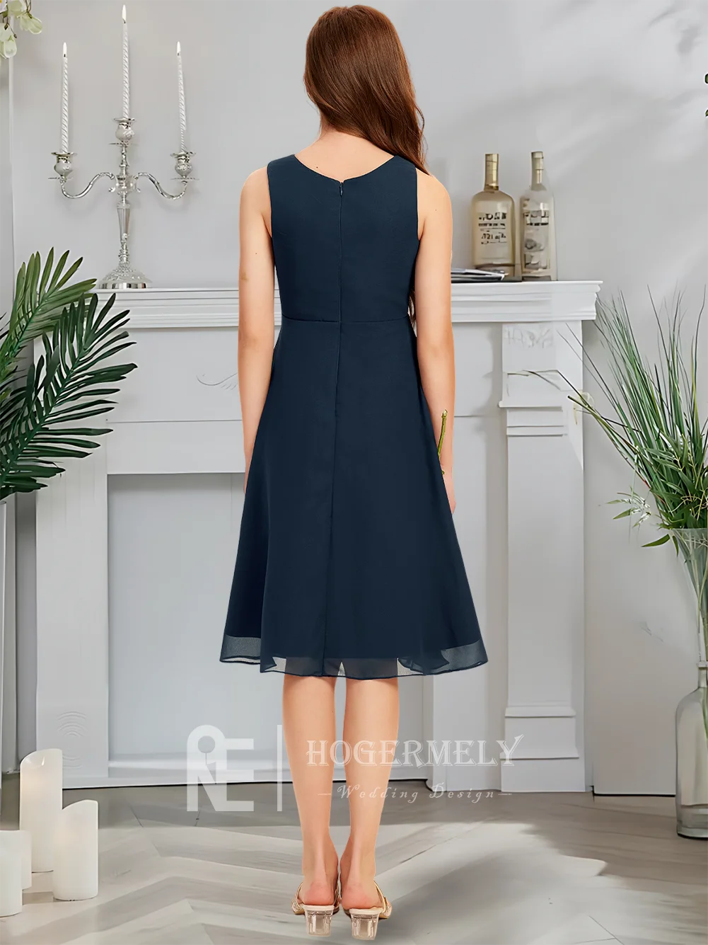 Платье для подружки невесты B Scoop, темно-синее платье с цветочным узором для девочек, шифон длиной до колена с каскадными оборками, свадебная вечеринка