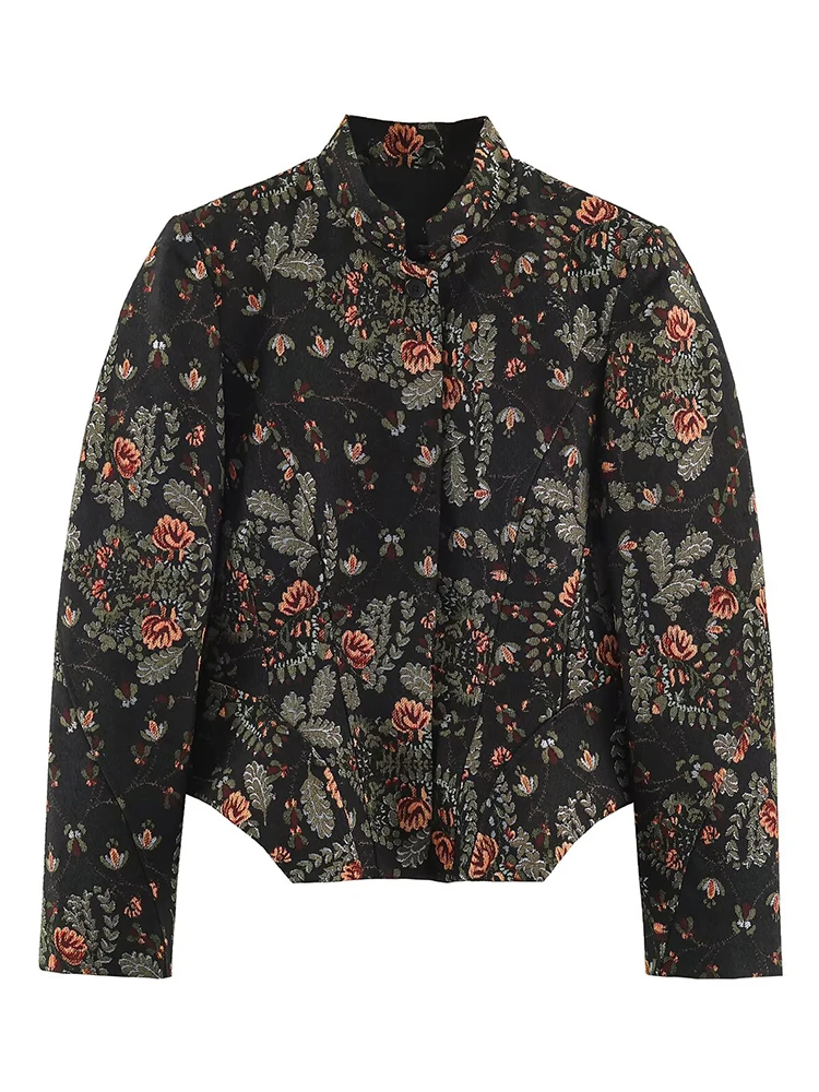 HH Elegant Women Floral Print Stand-Collar Cropped Jacket Vintage Autumn Female Long Sleeve Skirt Hem Slim Blazer Streetwear
