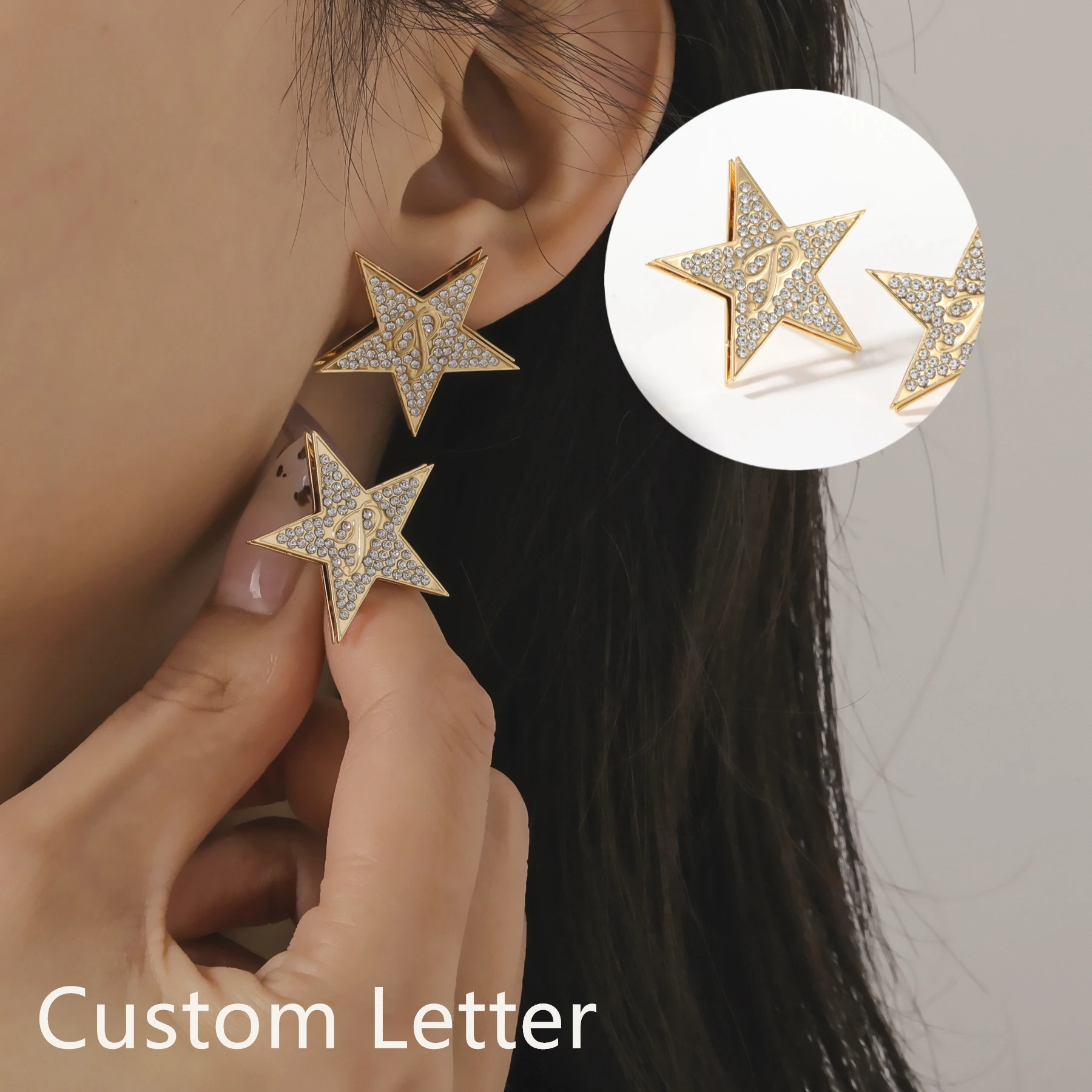 Zciti Personalized Earrings Custom Initial Letter Pave Diamond Pentagram Earrings Luxury Jewelry Wedding Gift for Women