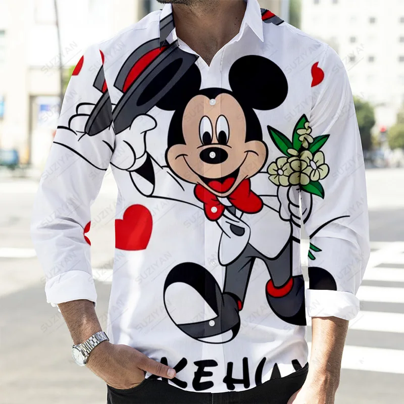 2022 outono mais novo botão casual camisas de manga longa disney mickey pato donald e goofy 3d impressão completa moda masculina lapela topos