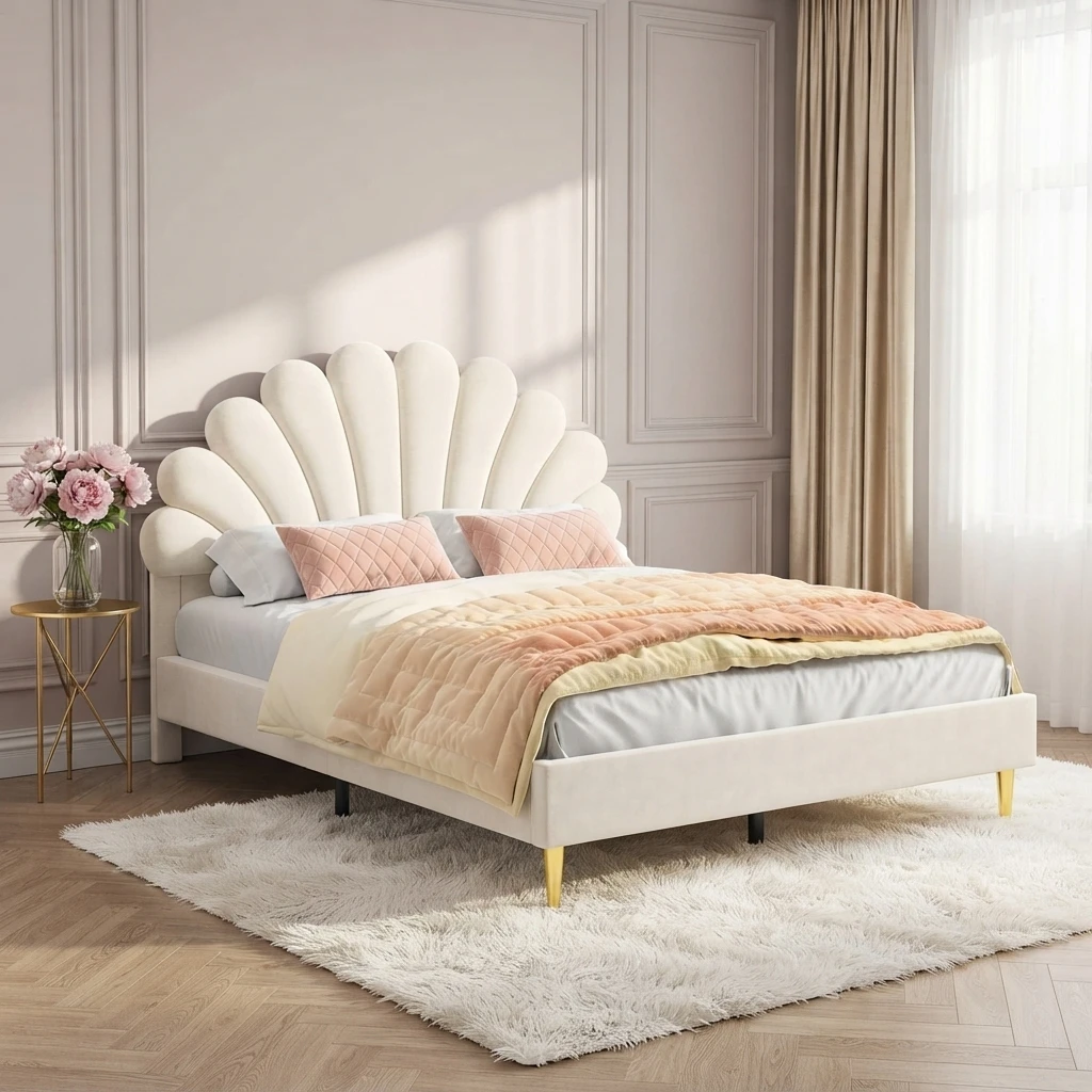 Comanlai, 140x200cm Doppelbett mit Blumenförmigem Kopfteil, Gepolstertes Bett, Prinzessinnenbett, Wohnzimmer-Bettgestell, Erwachsenenbett, Samtstoff, Beige