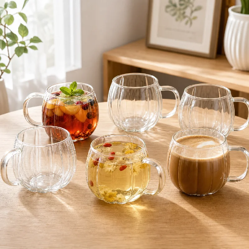 2/4PCS 430ml High Borosilicate Glass Pumpkin Mug with Handle Heat-resistant Breakfast Milk Cup Ribbed Coffee Cup for Home Office