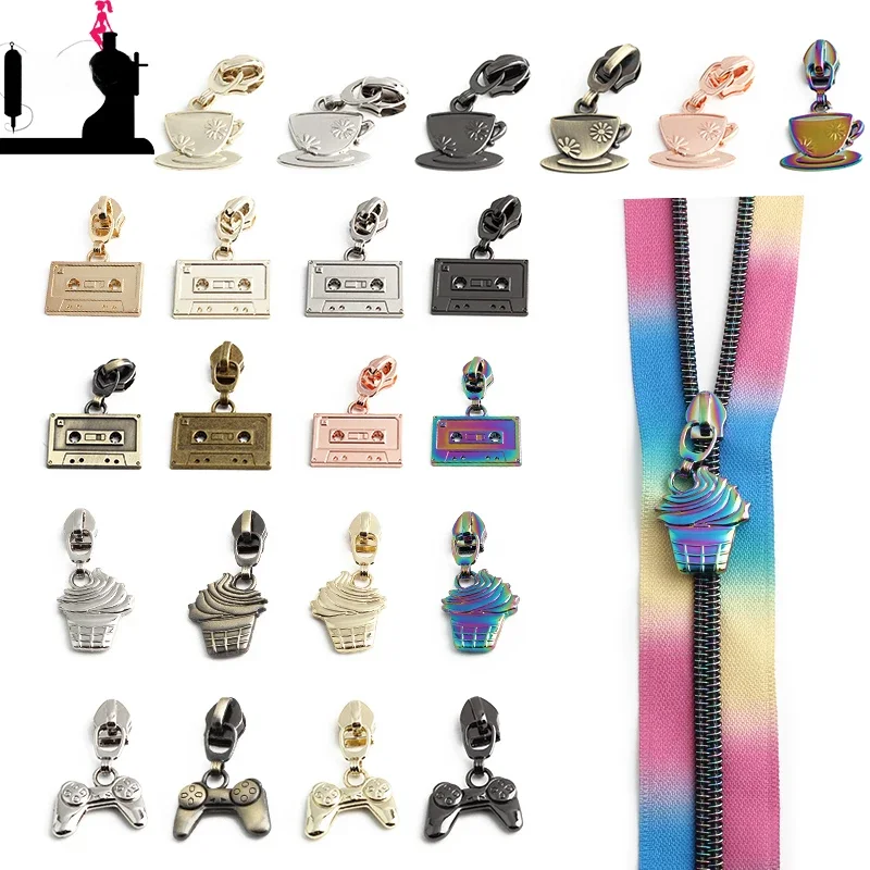 Tête de curseurs de fermeture à glissière en nylon pour remplacement de vêtements, réparation de sacs, accessoires de couture, ruban adhésif, tasse, crème glacée, décor de tampon délibérément, 5 #, 20