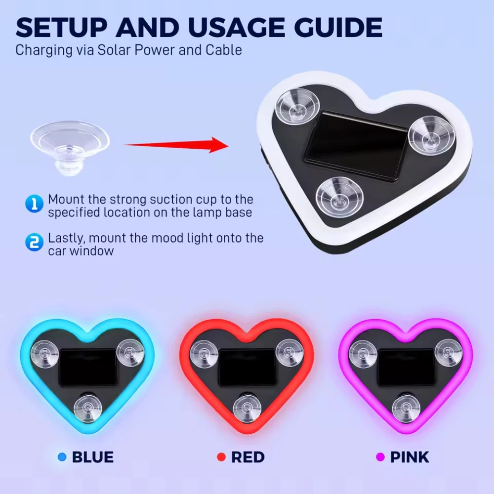 Herzförmiges LED-Licht, solarbetriebener Akzent, Umgebungs-USB-Aufladung, Valentinstag, Weihnachten, Neujahr, Geschenkidee, Auto-Innendekoration – Detail 2