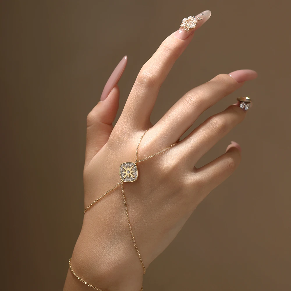 ATTAGEMS سوار وخاتم بتصميم سلسلة يد عتيقة من أتاجمز للنساء، مصنوع من الفضة عيار 925 ومطلي بالذهب عيار 18 قيراطًا، مرصع بأحجار المويسانايت، هدية مثالية للحفلات والخطوبة #3