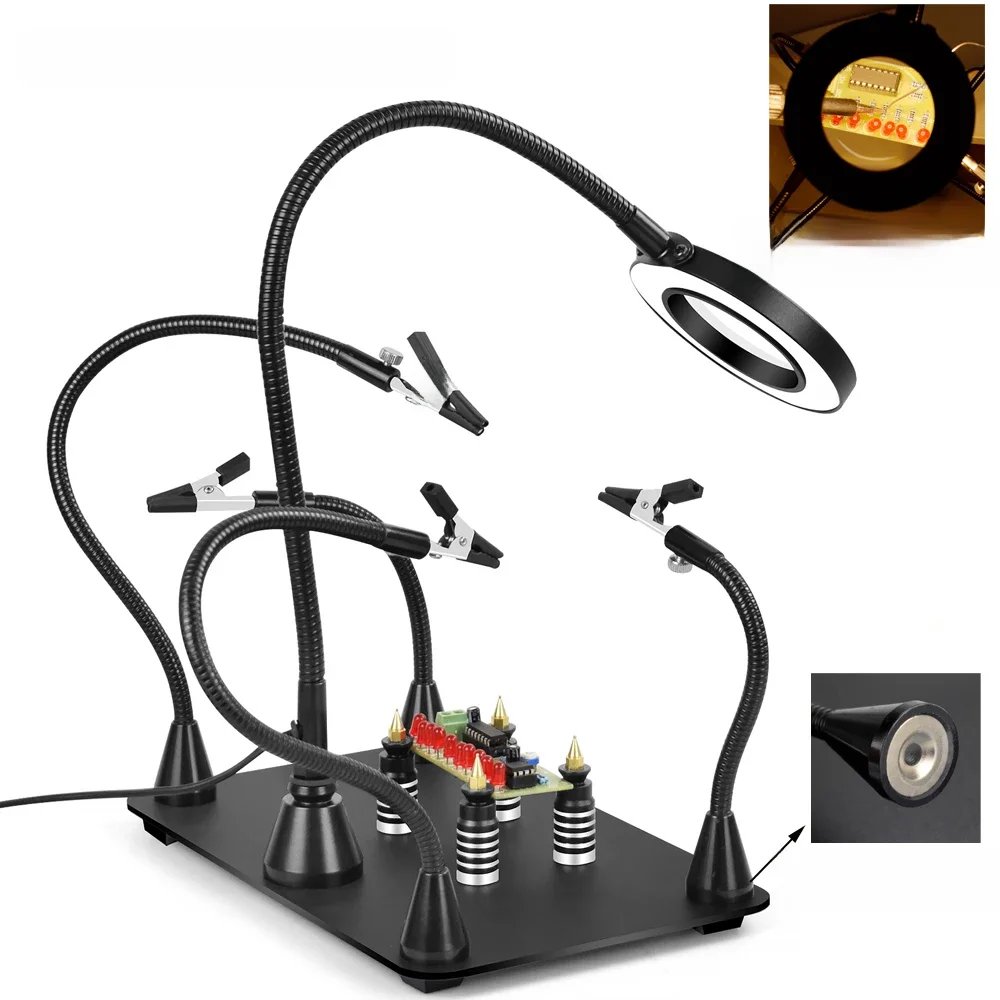 NEWACALOX pomaga w trzeciej ręce stacja lutownicza do uchwytu PCB 4 elastyczne ramiona magnetyczne z 3X lupa z lampą LED narzędzie spawalnicze — zdjęcie 2