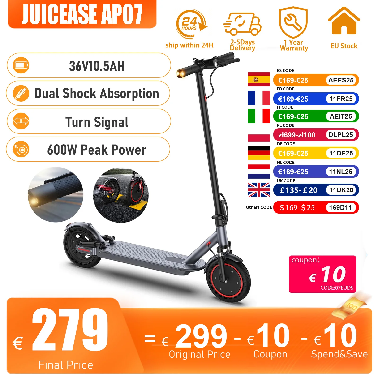 JUICEASE AP07 Electric Scooter 35KM Range 8.5Inch Escooter 350W/600W Power 31KM/H APP Scooter Electric Dual Damping Turn Signal