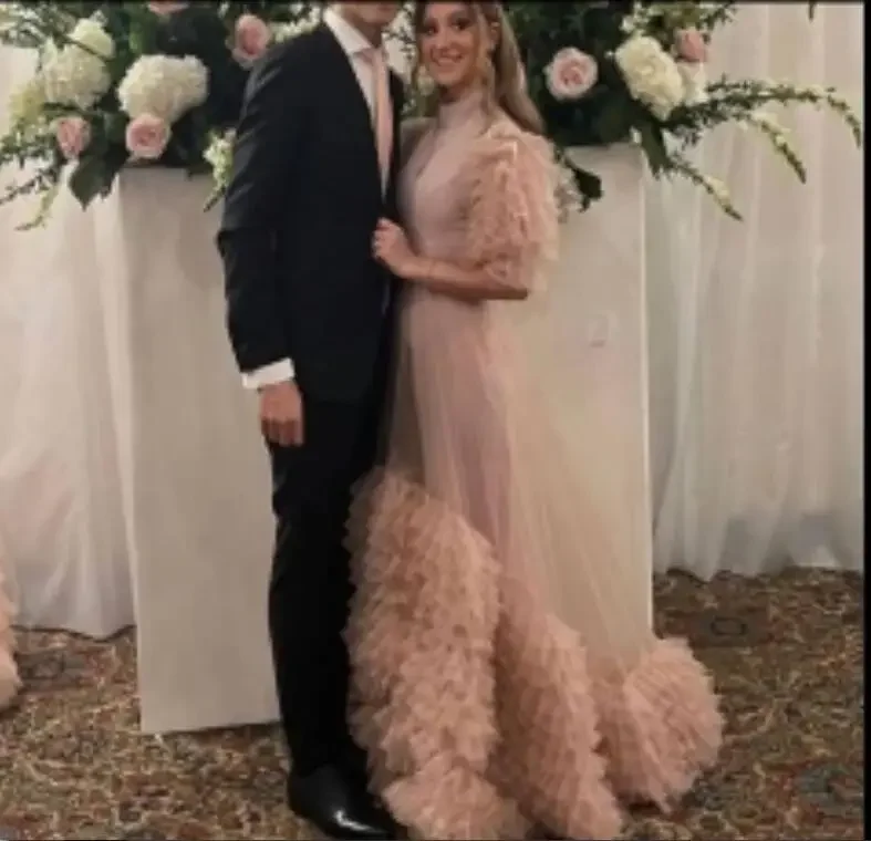 Verngo-Robe de soirée sirène rose poussiéreux à plusieurs niveaux, manches bouffantes, volants en tulle, robe de Rhlongue, robe de soirée personnalisée, arabe élégant