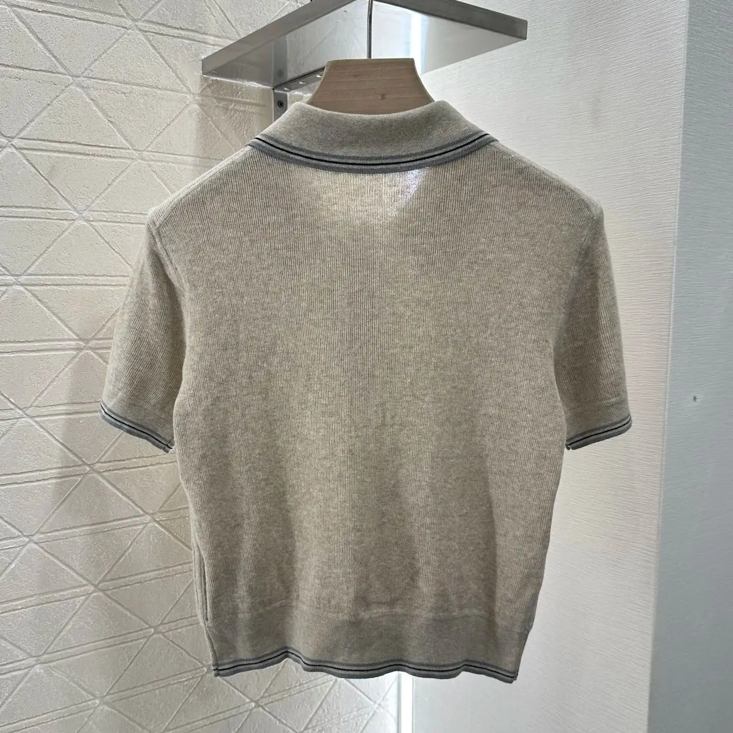 

25 Spring and Summer New Knitted Lapel Short Sleeve Cotton Yarn Woven Half Cardigan Top Contrast Stripes Elastic Elastic