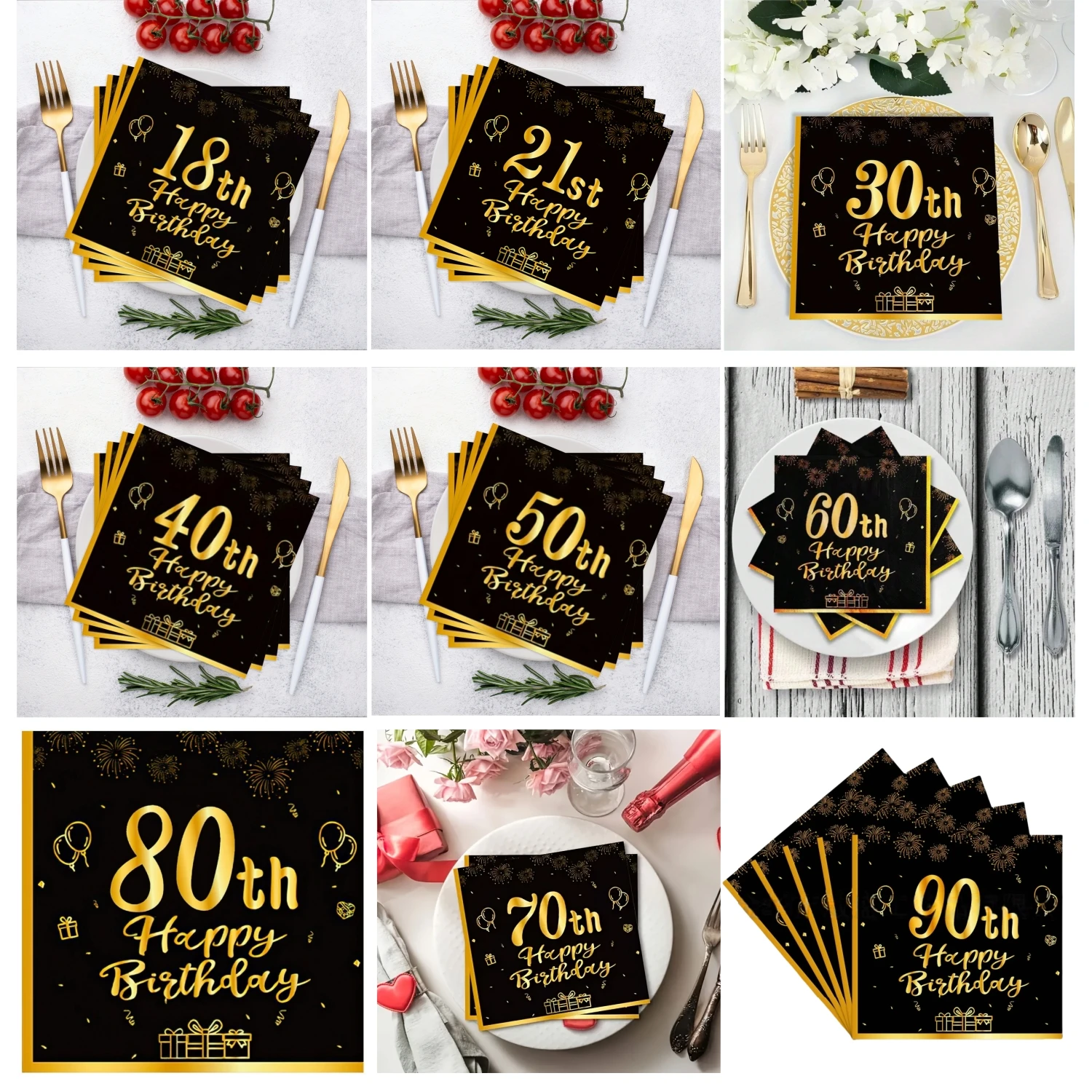 Servilletas Negras y Doradas para Cumpleaños Número 18, 21, 30, 40, 50, 60, 70, 20 Unidades, Servilletas para Fiesta, Feliz Cumpleaños Número 50