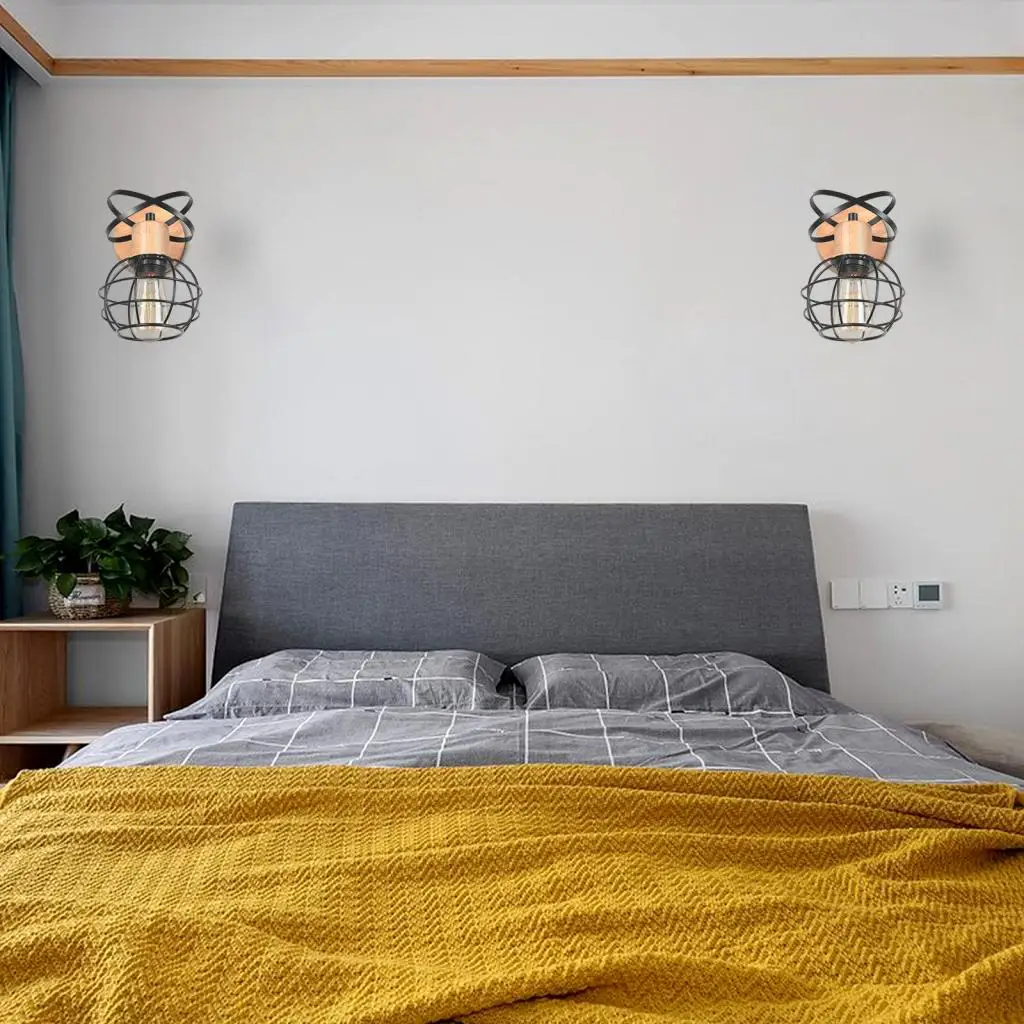 

Vintage LED Wall Light Retro Loft Industrial Wall Lamp E27 Wooden Iron Black Cage Lampshade Sconce Indoor Lighting Wandlamp