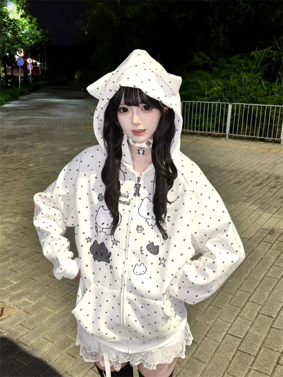 Japanische Y2k Hoodies Jacken Frauen Kleidung Polka Dot Katze Drucken Sweatshirts 2025, Ropa Mujer Casual Chic Mit Kapuze Nette Hoodie Tops
