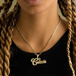 Custom 18K Gold Double Plated Nameplate For Women Stainless Steel Personalized Jewelry Gift Figaro Chain Pendant