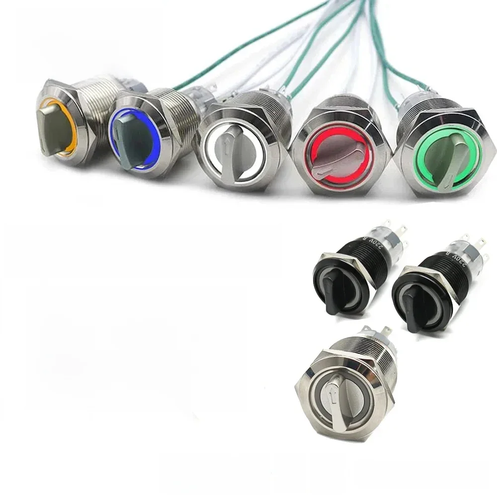 19/22MM samobrotne chwilowe samoblokujące mocowanie wodoodporne DPDT metalowe pokrętło wyboru przełącznik obrotowy 2 3 pozycje z lampą LED — zdjęcie 2