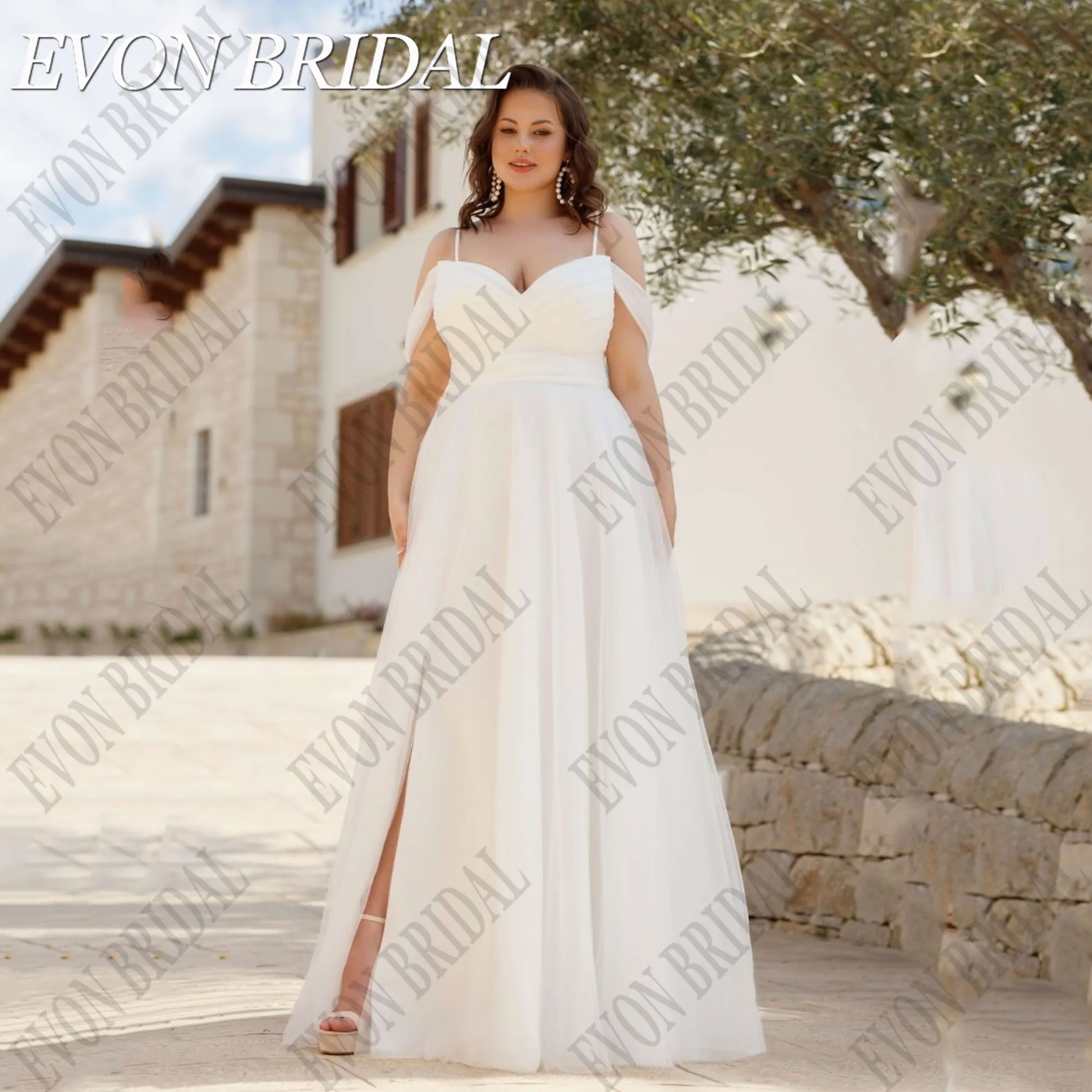 

EVON BRIDAL Customized Simple lvory Wedding Dress Plus Size Spaghetti Straps Bride Gowns With Split A Line Tulle robe de mariée