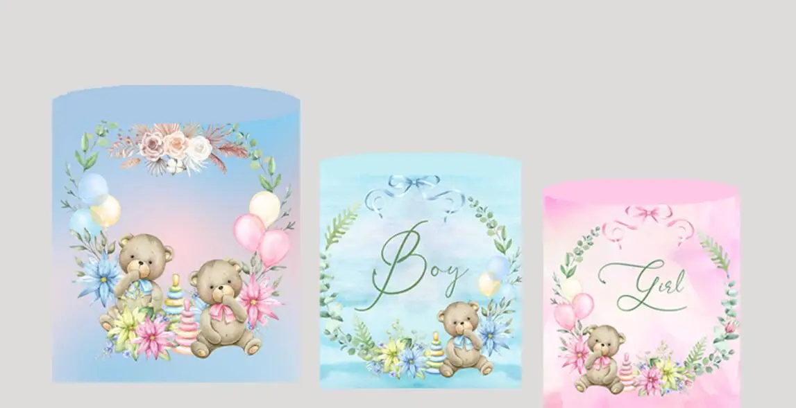 Boy or Girl Gender Reveal Round Background Baby Bear Backdrop Paty Decoration Cylinder Plinth Column Table Covers Baby Shower