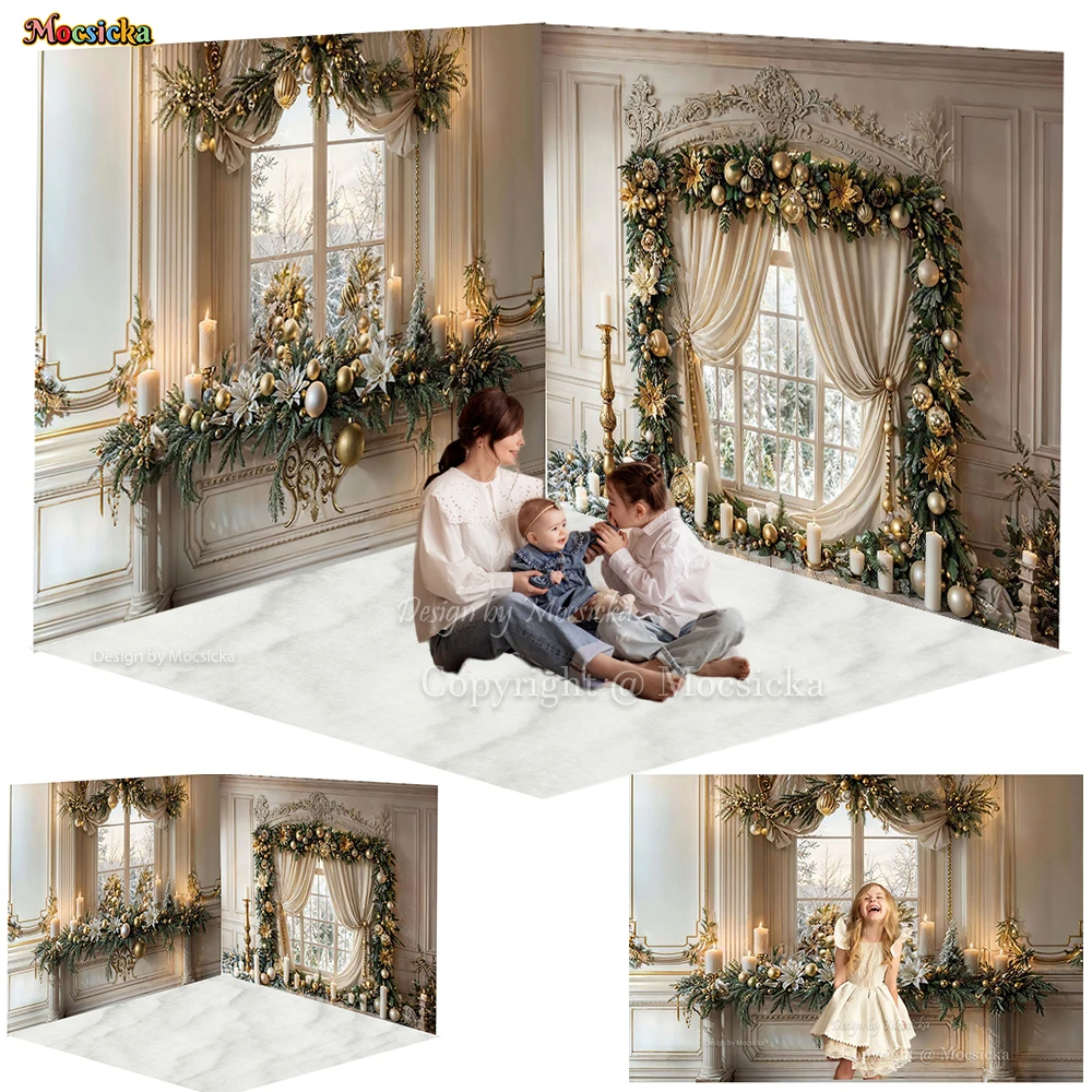 3D Christmas Background Photography Studio Vintage Beige Room Window Candle Wreath Backdrop Decor Family Kids Winter Xmas Photo