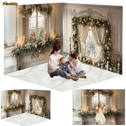 FONDO DE NAVIDAD 3D para estudio de fotografía, Vintage, Beige, habitación, ventana, guirnalda de velas, decoración de fondo, familia, niños, foto de Navidad de invierno