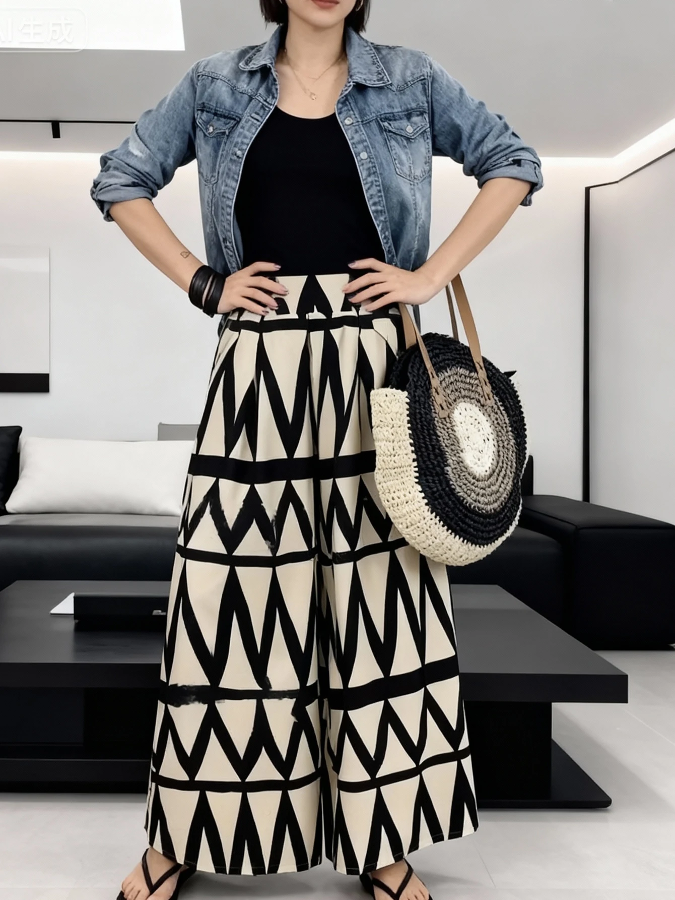 

Женское элегантное платье макси с геометрическим принтом и карманами — стильная черная/бежевая юбка-миди из полиэстера