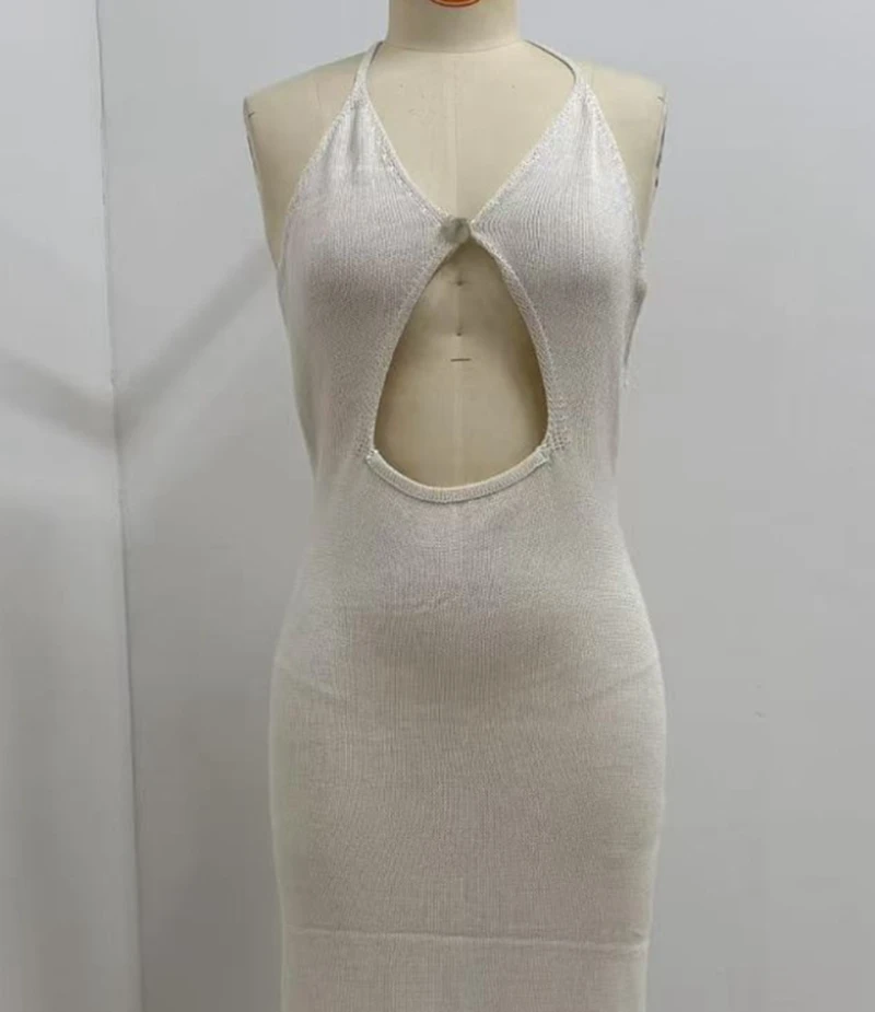 Sexy Halter Backless Lace Up Side Slit Long Knit Dress Women Beach Crochet Bikini Cover-Up Female Sexy Summer Cut-out Swimwear