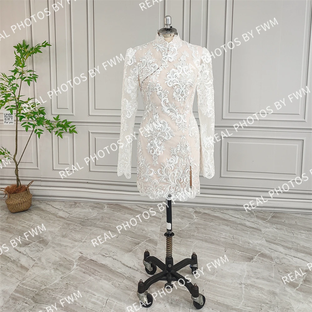 15409# Real Photos High Quality Customizeds High Neck Mini Appliques Lace Wedding Dress For Bride Engagement Party Gown 2024