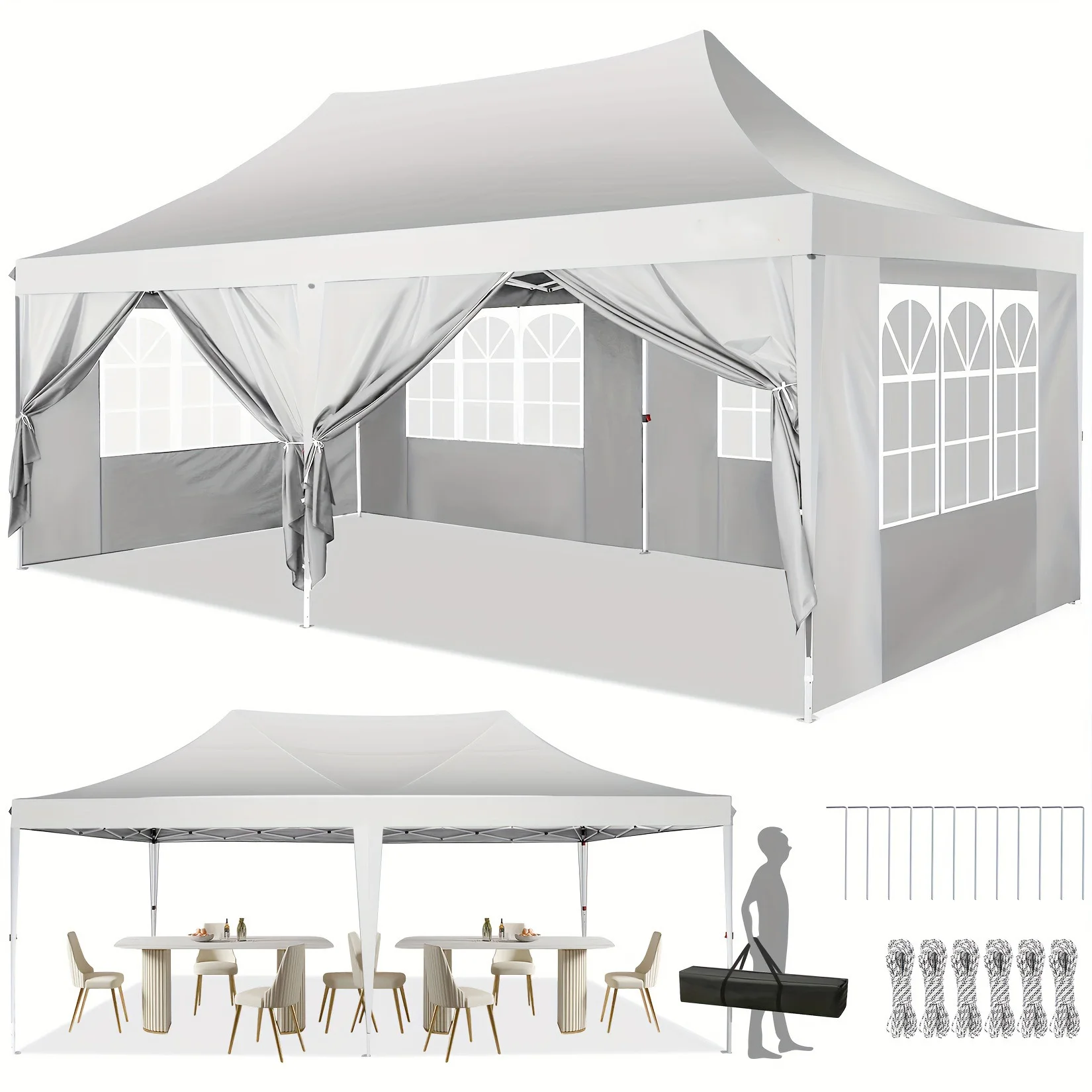 3x6m professionele pop-up tuinhuisje met 4 zijwanden, commerciële waterdichte feesttent met 3 hoogteverstelling