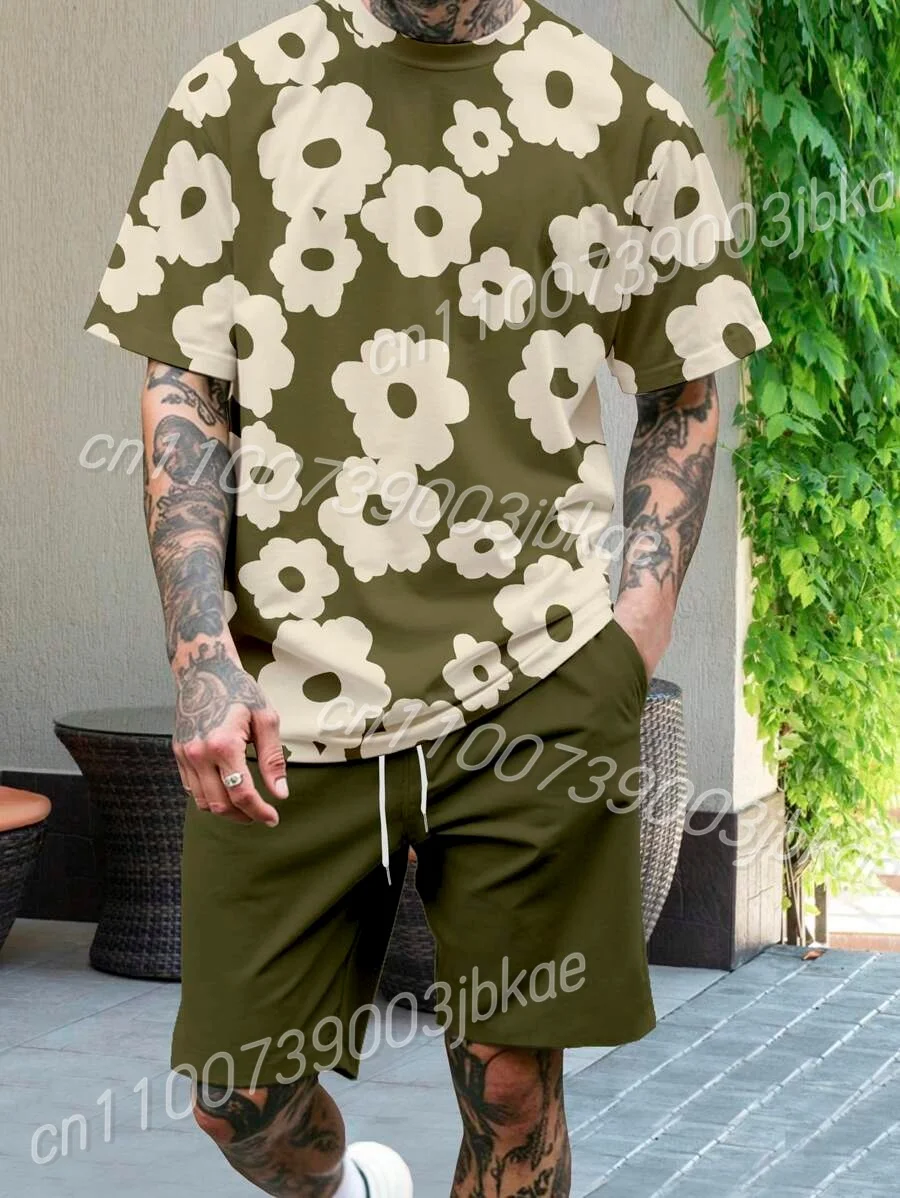 

Men's Flower 3D Print Crew Neck Short Sleeve T-Shirt & Shorts Set Round Neck Gradient Short Sleeved Women's T-shirt Shorts Set