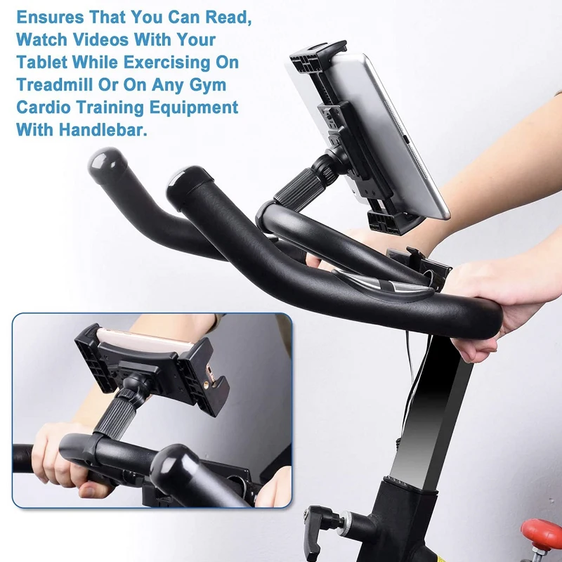 Homhu Bike Tablet Holder Indoor Gym Treadmill Handlebar Clip Tablet Mobile Phone Stand Bracket for iPad Air 10.9 Pro 12.9 Inch