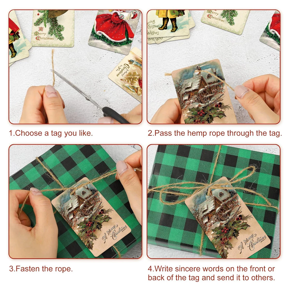 50pcs Christmas Gift Tags with 10m Hemp Rope, Hang Tags for Handmade Items, Packaging Tags for Wedding Party Christmas Supplies