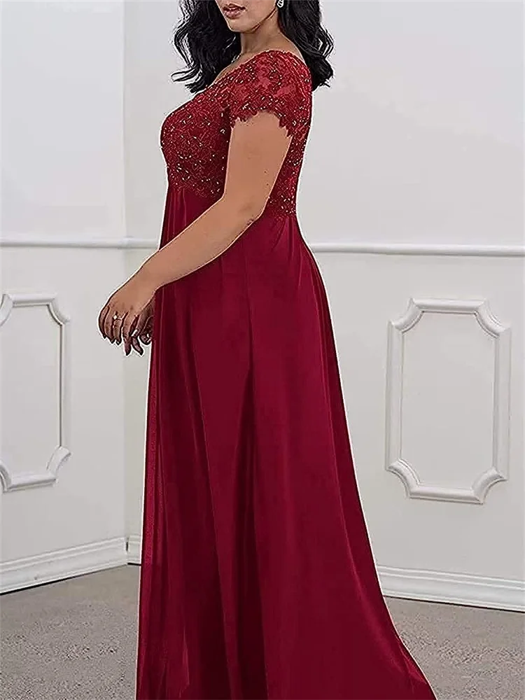 15575# Elegant V Neck Short Sleeves Maxi Mother Of The Bride Dress With Appliques Chiffon Wedding Party Guest Prom Evening Gown