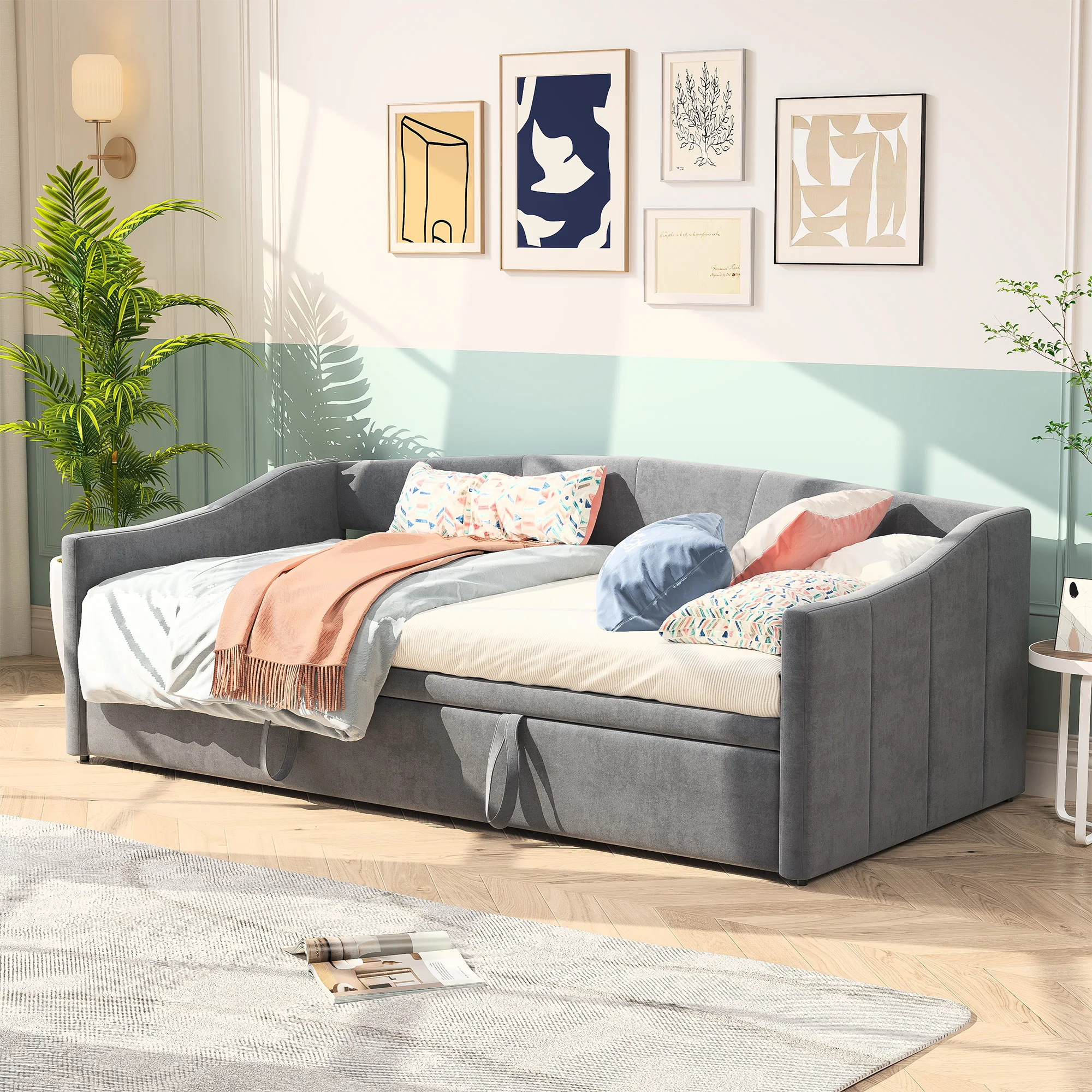 Comanlai Sofá cama extraíble de 90/180x200 cm, cama doble tapizada, cama individual, cama funcional, con somier de láminas, terciopelo