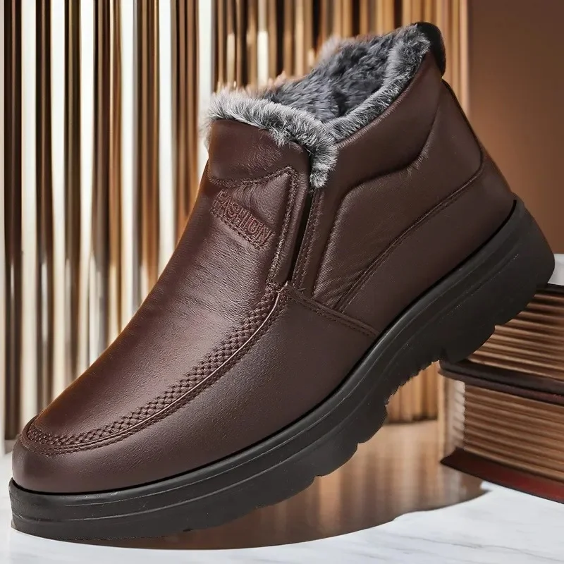 Zimowe męskie buty bawełniane Pluszowe ciepłe buty śnieżne Casualowe skórzane buty za kostkę dla mężczyzn Antypoślizgowe buty na platformie Duży rozmiar48 Botas Hombre — zdjęcie 2