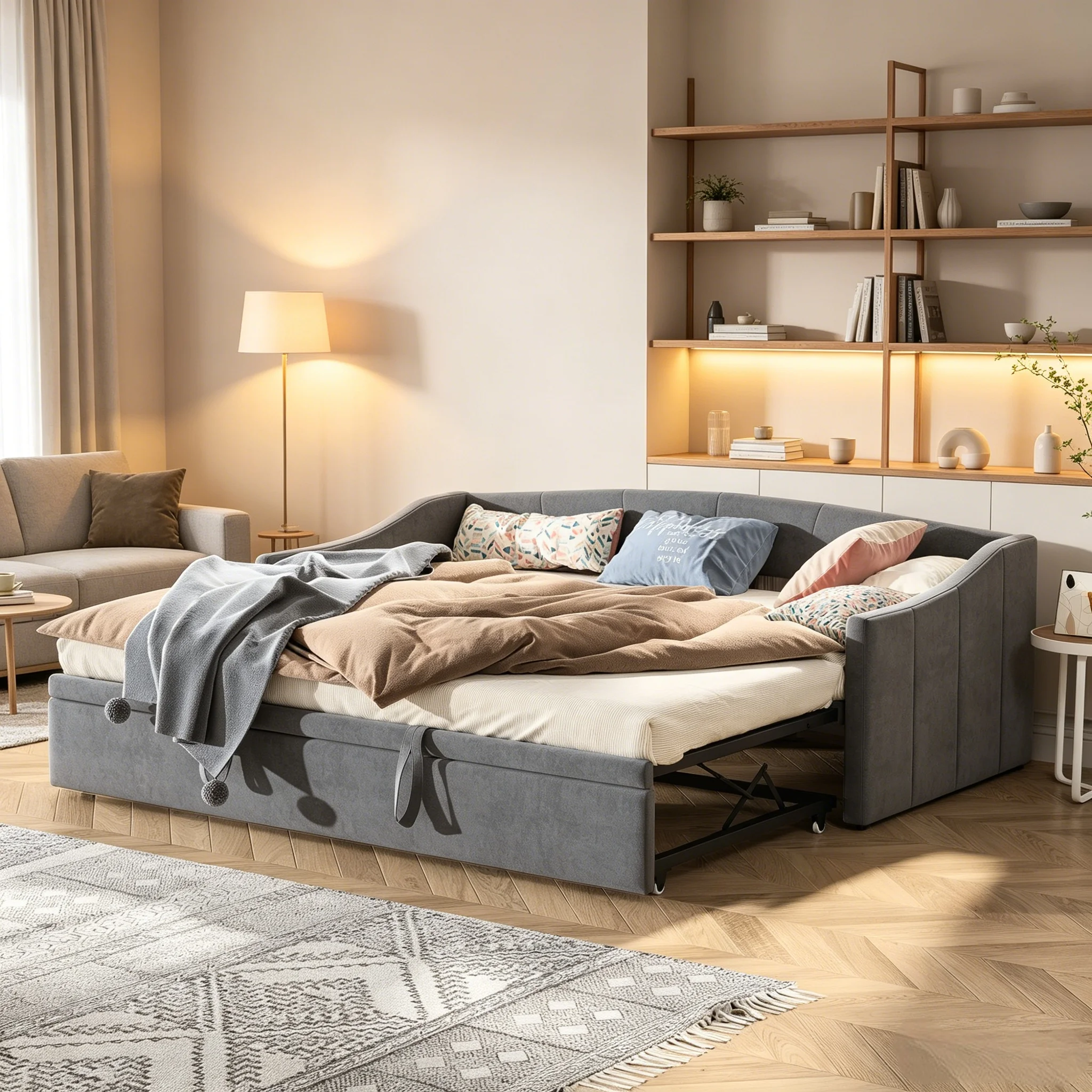 Sofá cama plegable con base de listones, extensible, cama para invitados, adecuado para sala de estar, apartamento y oficina, tela de terciopelo, gris